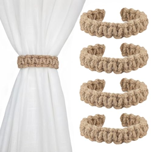 Vorhang Raffhalter, 4Pcs Jute Raffhalter für Vorhänge Handgewebt Raffhalter für Gardinen 24cm Drehverstellbar Gardinenhalter Bohemian Vorhang Halter für Wohnzimmer Schlafzimmer Büro Deko, Braun von Wefaly