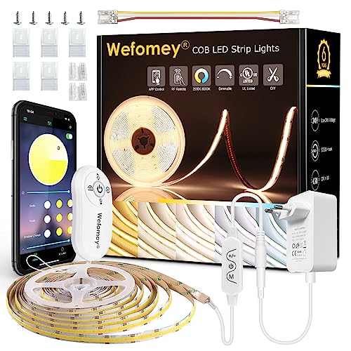 COB LED Streifen Warmweiß Kaltes Weiß, 5M Dimmbares flexibles COB LED Strip Kit mit Smart App Control Fernbedienung, CRI90+3200 LEDs 2700K-6500K für Innen Aussenbereich Heim Küche DIY Deko von Wefomey