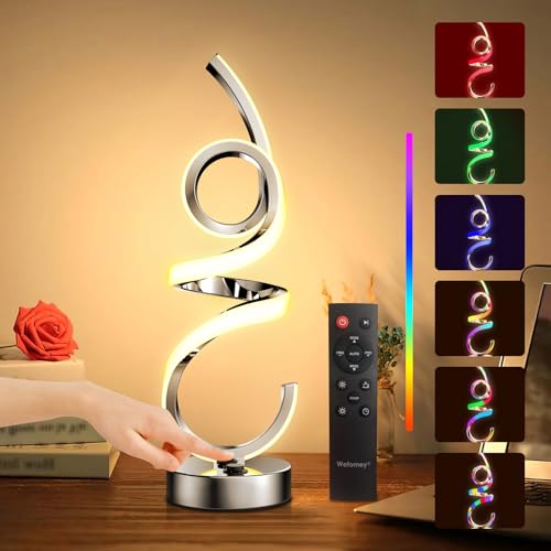 LED Nachttischlampe Dimmbar, RGB Warmweiß Kabellos Spiral Modern Tischlampe Akku Atmosphäre USB Aufladbar, 10 Dynamische Modi mit Fernbedienung und Timer, Nachtlicht für Schlafzimmer Wohnzimme Gaming von Wefomey