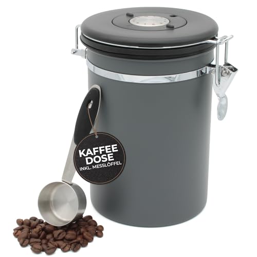 Wegardt Kaffeedose für 650g Bohnen I Behälter für Kaffeebohnen I Aromadose aus Edelstahl I Bohnenbehälter aromadicht I Kaffeebehälter inkl. Messlöffel, dunkel Grau von Wegardt