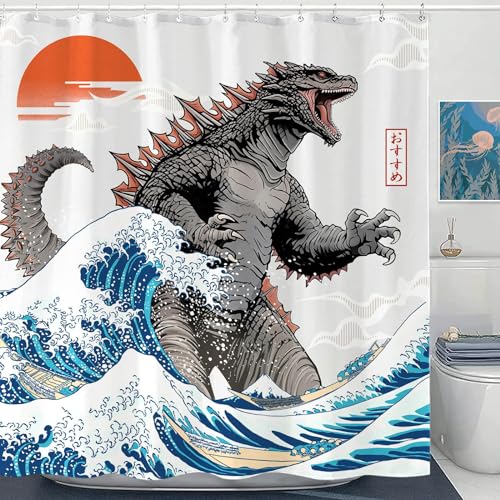 Wegklazax Duschvorhang mit japanischem Monster, 183 x 183 cm, Badezimmer-Vorhang-Dekor-Set mit 12 Haken von Wegklazax