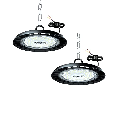 2er Wegoodlife 100W LED Strahler Industrielampe, 10000LM UFO LED Werkstattlampe, IP65 Wasserdicht Hallenstrahler, 6500K Kaltweiß Garagenleuchte, LED High Bay Licht für Garage Keller Geschäft Werkstatt von Wegoodlife