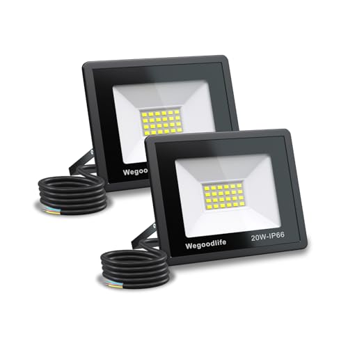 Wegoodlife 2 Stück 20W LED Strahler Außen, Superhell 1510LM LED Fluter, 6500K Kaltweiß Außenstrahler, IP66 Wasserdicht Scheinwerfer, Aussenleuchte für Garten Innenhöfe Auffahrt Garage Sportplatz Flur von Wegoodlife
