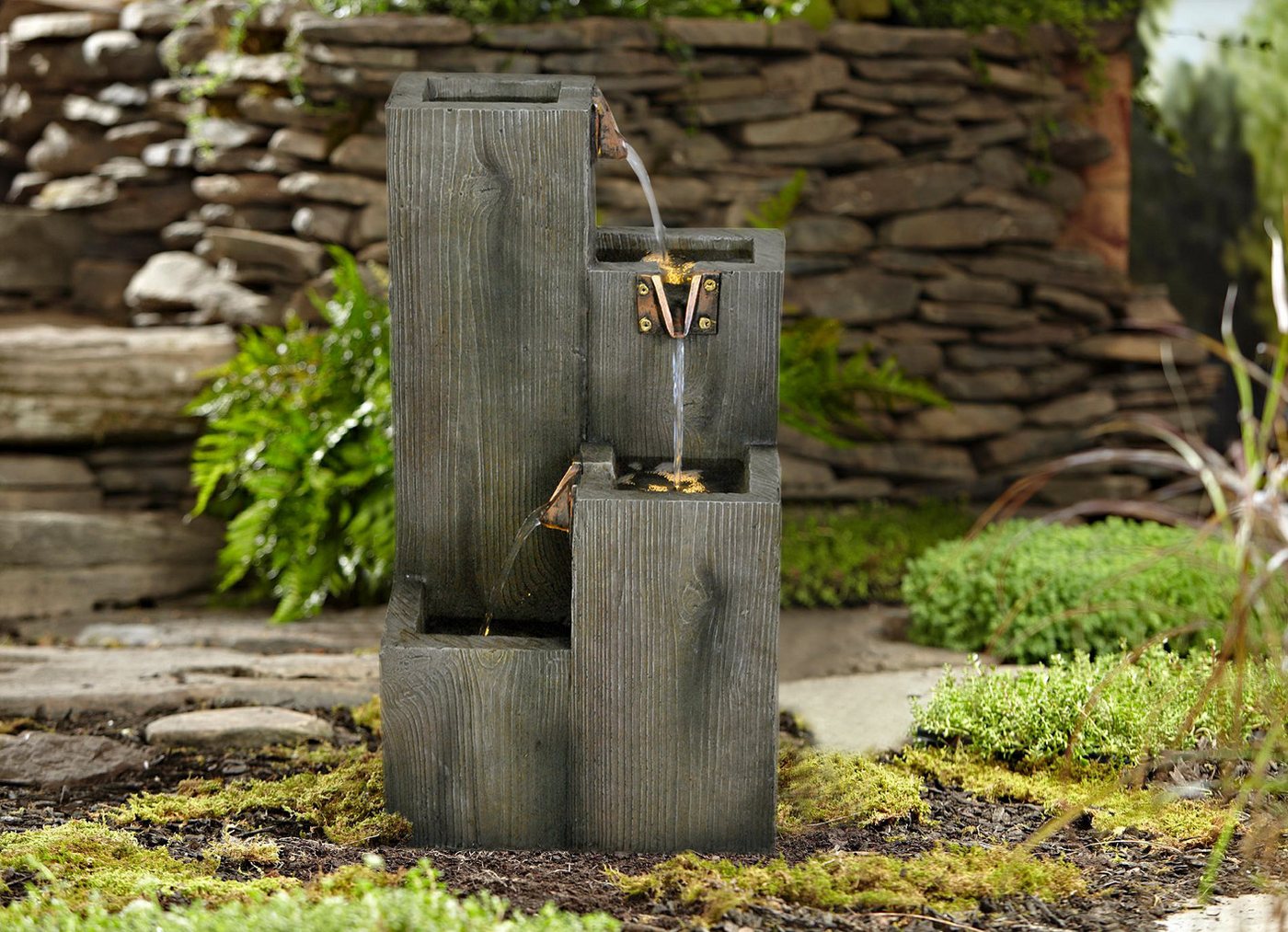 Wehmann Gartenbrunnen Elegance, Holzdesign blaues Licht, extra langes Kabel von Wehmann