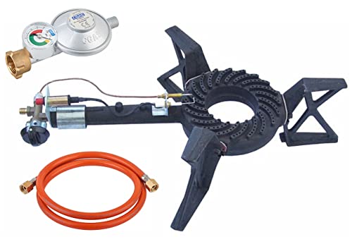 Gas-Hockerkocher Profi 10,5 KW 3-Fuß Hockerkocher 18 cm Gussbrenner mit Zündsicherung und Piezozünder inkl. Schlauch u. Regler mit Manometer von Wehmann