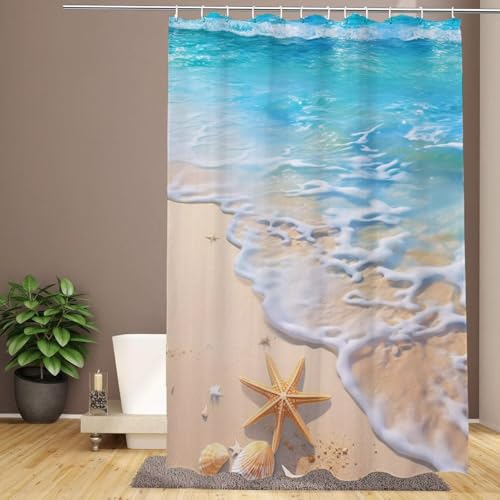 Shower Curtains Strand Duschvorhang 150x180 cm Duschvorhänge Seestern Waschbar Antischimmel Textil, Extra Breit Strapazierfähigem Polyester Stoff Badevorhänge mit 12 Haken, Home Decoration R-144 von Wehsaeho