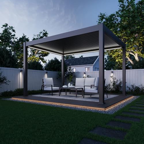 Pavillon Pergola 3x4m Terassenüberdachung freistehend mit Lamellendach elektr. verstellbar Gartenpavillon mit LED Hardtop wasserdicht stabil Winterfest Aluminium Weide Deluxe Fernbedienung Anthrazit von Weide SONNENSCHUTZ