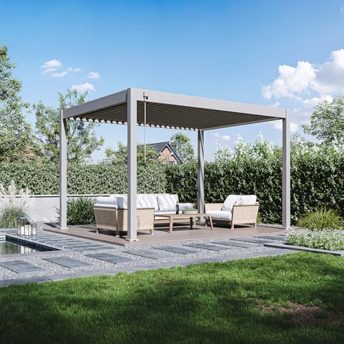 Pavillon Pergola 3x4m Terassenüberdachung freistehend mit Lamellendach verstellbar Gartenpavillon Hardtop wasserdicht stabil winterfest Voll-Aluminium Grillpavillon wetterfest Weide Classic Ivory sand von Weide SONNENSCHUTZ