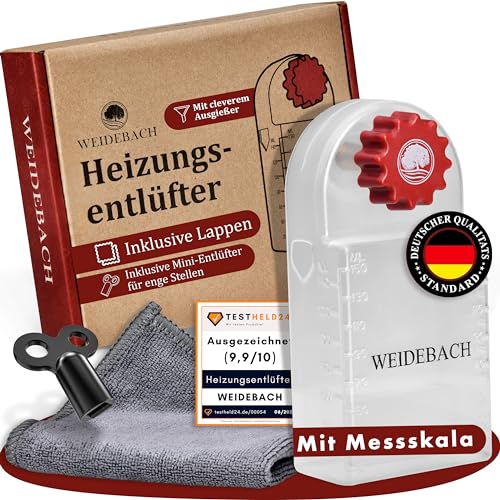 WEIDEBACH® Heizungsentlüftungsschlüssel mit Auffangbehälter (140ml), Heizungsentlüfter inkl. Mikrofasertuch & Mini Entlüftungsschlüssel für enge Zwischenräume, Entlüfter für jede Heizung, breite Form von Weidebach