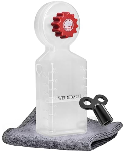 WEIDEBACH® Heizungsentlüftungsschlüssel mit Auffangbehälter (140ml), Heizungsentlüfter inkl. Mikrofasertuch & Mini Entlüftungsschlüssel für enge Zwischenräume, Entlüfter für jede Heizung, lange Form von Weidebach