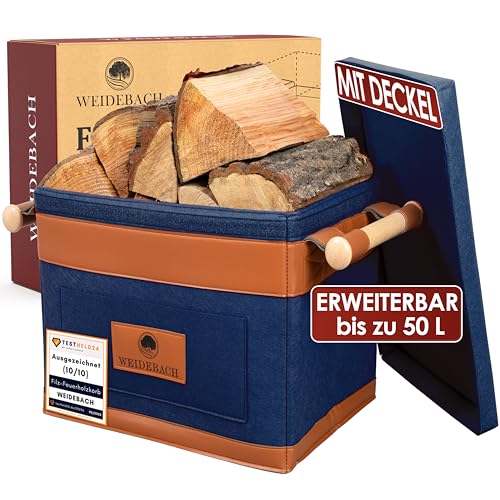 WEIDEBACH® Holzkorb für Kaminholz 35L (erweiterbar auf 50L), Kaminholzkorb dunkelblau schwer belastbar, Feuerholzkorb 40cm x 30cm x 30cm, Brennholzkorb mit rutschfestem Griff, Kaminholz Aufbewahrung von Weidebach