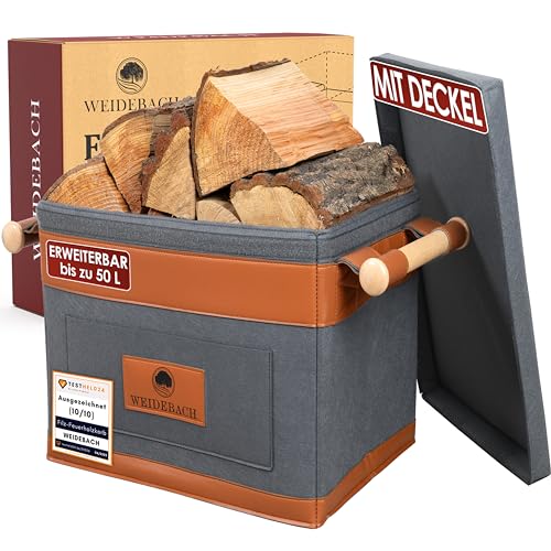 WEIDEBACH® Holzkorb für Kaminholz 35L (erweiterbar auf 50L), Kaminholzkorb grau schwer belastbar, Feuerholzkorb 40cm x 30cm x 30cm, Brennholzkorb mit rutschfestem Griff, Kaminholz Aufbewahrung von Weidebach