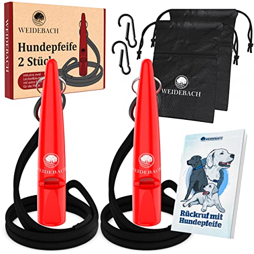 WEIDEBACH® 2X Hundepfeife mit lautem und gleichbleibendem Ton für Training mit Hund, genormte Frequenz, angenehmes Band und Mundstück, inkl. E-Book + Leckerlibeutel für gelungenes Rückruftraining, rot von Weidebach