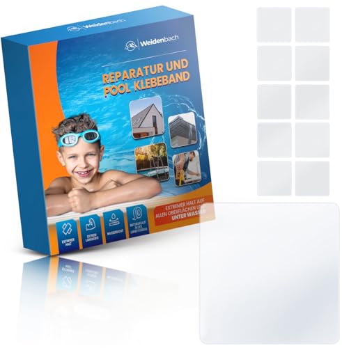 Weidenbach Pool Reparaturset - starkes und wasserdichtes unterwasser Klebeband - langlebiger Unterwasserkleber - Flickzeug für alle Pooloberflächen (Transparent, 10 x Tape 10 cm x 10 cm) von Weidenbach
