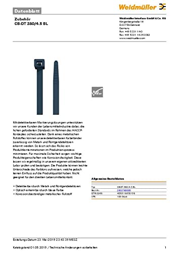 Weidmüller Weidmueller 2602780000 CB-DT 280/4.5 BL Kabelbinder 280mm 4.5mm Detektierbar, 5 Stück von WeidmÃ¼ller