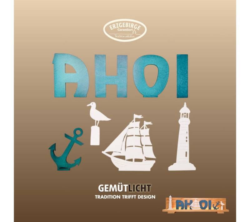 Weigla Deko-Schriftzug und Figurenset "Maritim" für WEIGLA Dekosockel, aus Holz (Set, 8 St., Buchstaben „A H O I“, Anker, Möwe, Leuchtturm & Segelschiff), Erzgebirge garantiert, maritime Innendeko von Weigla