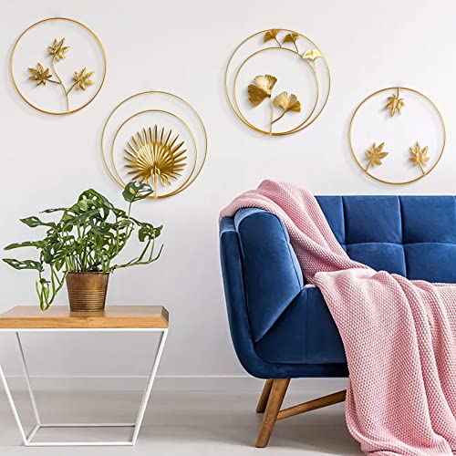 4 Stück 3D Metall Kunst Wandskulpturen, Gold Ginkgo Blatt Wandbilder mit Bilderhaken, Runde Wandbehang Dekoration Kunst Hängen Ornament für Wohnzimmer Schlafzimmer Büro Hintergrund Wanddekoration von Weigudoc