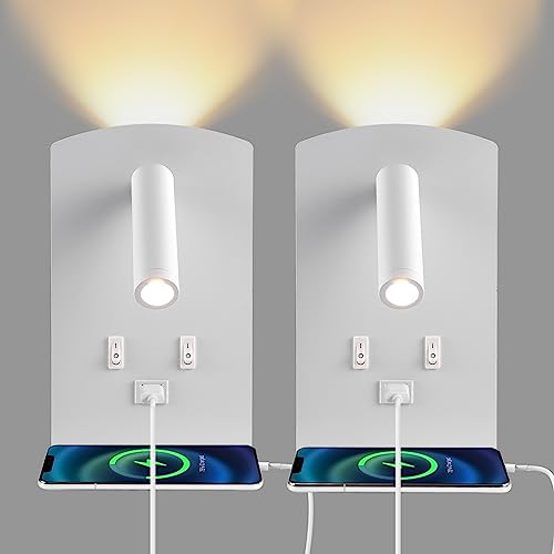 LED Leselampe Wandlampe 2pcs, Leseleuchte am Bett mit mit Handyablage, Verstellbare Wandleuchte am Bett, mit USB-Ladeanschluss und Schalter, Wandleuchten für den Flur(Warmes Licht 3W + 9W)(Weiss) von Weigudoc