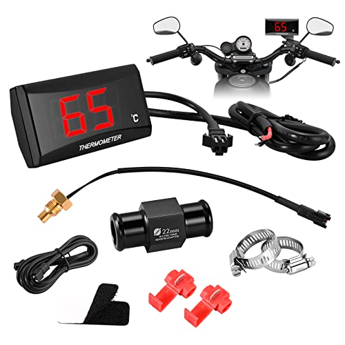 Motorrad-Digital Thermometer und 18-mm-/22-mm-Adapter, Motorrad-Wassertemperatur Instrumente, Wassertemperaturanzeige, Wasserdichter Temperatursensor-Adapter aus Metallsonde für KOSO(Rot 22mm) von Weigudoc
