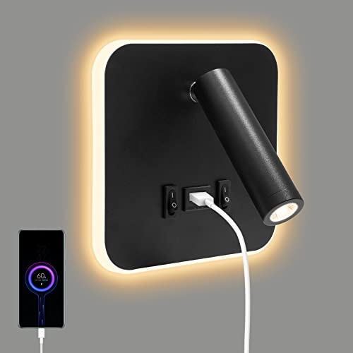 Nachttisch Leseleuchte 3 W + 9 W 3000 K, LED Wandleuchte mit USB Ladeanschluss und Schalter, Schwenkbar Nachttischlampe Wandlampe für Schlafzimmer, Treppen, Flur, Wohnzimmer, Hotel(cuadrado 1 negro) von Weigudoc