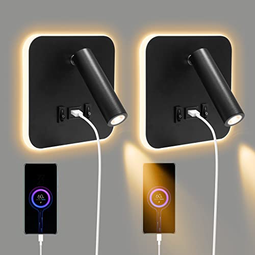 Nachttisch Leseleuchte 3 W + 9 W 3000 K, LED Wandleuchte mit USB Ladeanschluss und Schalter, Schwenkbar Nachttischlampe Wandlampe für Schlafzimmer, Treppen, Flur, Wohnzimmer, Hotel(cuadrado 2 negro) von Weigudoc