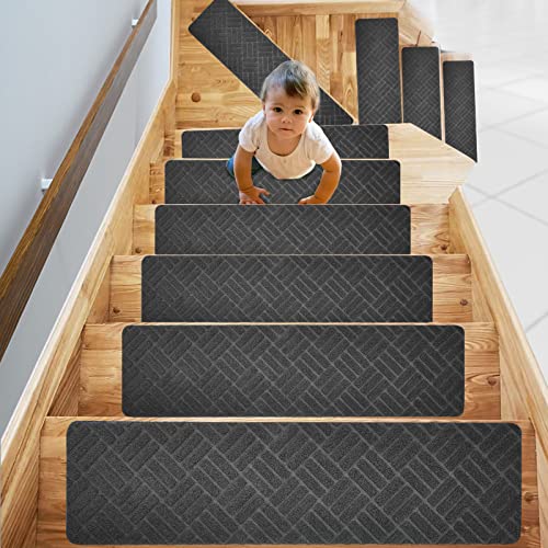 Stufenmatten Selbstklebend 76x20 cm Treppenstufen Matten, 15 Stück Rutschschutz Treppenteppich für Holzstufen im Innenbereich, Stufenteppich Teppich-Treppenstufen für Kinder Ältere Haustiere, Grau(02) von Weigudoc