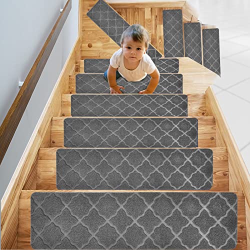 Stufenmatten Selbstklebend 76x20 cm Treppenstufen Matten, 15 Stück Rutschschutz Treppenteppich für Holzstufen im Innenbereich, Stufenteppich Teppich-Treppenstufen für Kinder Ältere Haustiere, Grau(01) von Weigudoc