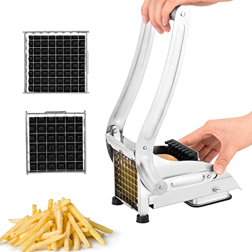 Weigudoc Edelstahl Kartoffelschneider, manueller Pommes Schneider mit 2 Ersatzklingen (12 mm und 9 mm), Pommes Schneidemaschine mit rutschfesten Füßen, Pommes Schneidemaschine für Obst und Gemüse von Weigudoc