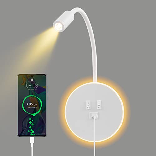 Weigudoc LED Leselampe Wandlampe, Schwanenhalslampe Leseleuchte am Bett, Verstellbare Wandleuchte am Bett, mit USB-Ladeanschluss und Schalter, Wandleuchten für den Flur (Warmes Licht 3W + 9W)(Weiss) von Weigudoc