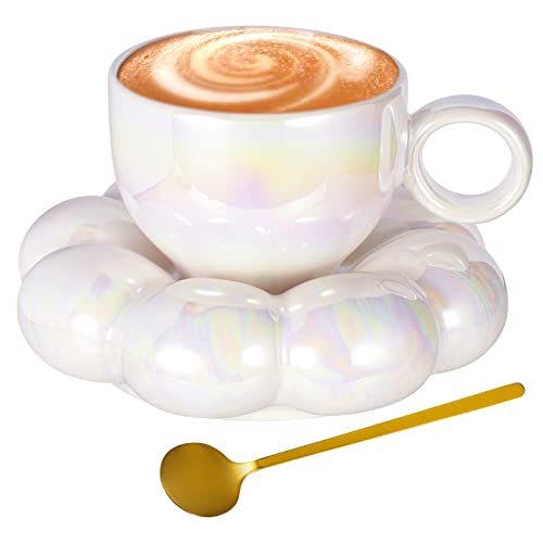 Weigudoc Porzellan Kaffeetassen Set mit wolkenförmiger Untertasse und Löffel, 185ml Teetassen und Untertasse, niedliche Kaffeebecher in Macaron Farbe für das Haushaltsbüro, Hochzeitscafé(Perlweiss) von Weigudoc