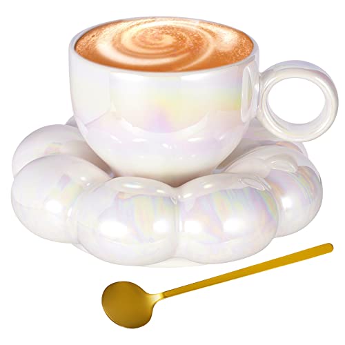 Weigudoc Porzellan Kaffeetassen Set mit wolkenförmiger Untertasse und Löffel, 185ml Teetassen und Untertasse, niedliche Kaffeebecher in Macaron Farbe für das Haushaltsbüro, Hochzeitscafé (Perlweiss) von Weigudoc