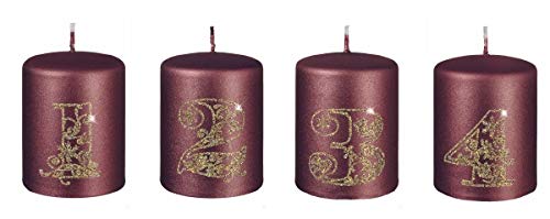 4er Set Adventskerzen 1-4 in Burgundy Metallic von Weihnachtskerzen