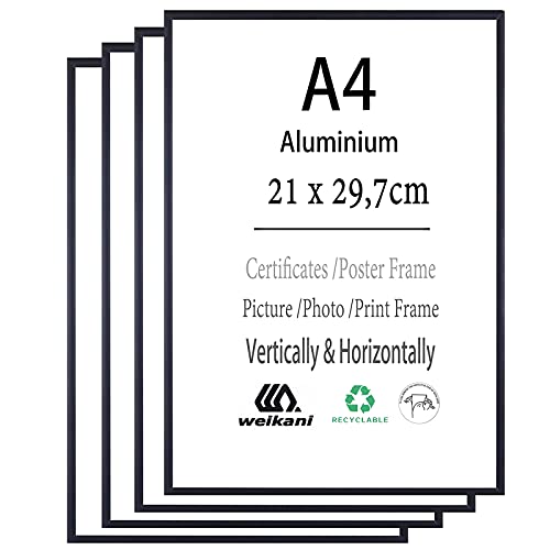 weikani A4 Aluminium schwarzer Bilderrahmen,für Wandmontage oder Tischaufsteller Zertifikatsrahmen Fotorahmen Rahmen,21x30cm,4er-Set von Weikani