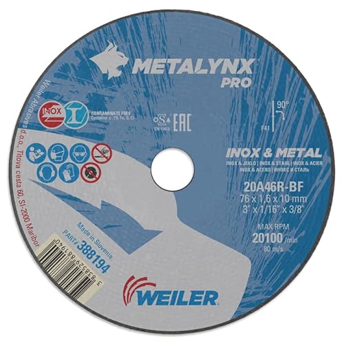 Metalynx PRO Inox & Metall F41 76X1,6X10 Winkelschleifer - Trennscheibe zum Schneiden von Stahl und Edelstahl | Packung mit 100stk Metalynx PRO Inox & Metall F41 76X1,6X10 Winkelschleifer - Trennscheibe zum Schneiden von Stahl und Edelstahl | Packung mit 100stk von Weiler