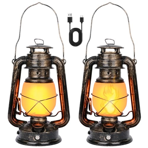 LED Vintage Laternen, Weinsamkeit 2 Pack Realistische Flackerflamme Hängende Laterne mit Touch Switch, USB -Ladung, Antike Metall Laterne für Innen Draußen Garten Camping Terrasse Veranda von Weinsamkeit