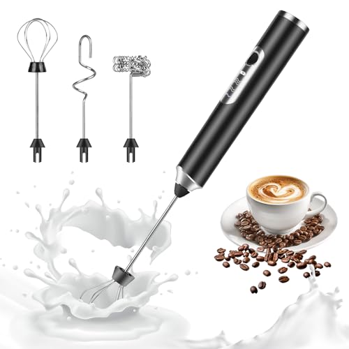Weinsamkeit Elektrische Milchaufschäumer Stab Milchschäumer Elektrisch Wiederaufladbar mit 3 Edelstahl-Schneebesen 3 Einstellbare Geschwindigkeiten Sahneaufschäumer Tragbar für Kaffee Cappuccino Latte von Weinsamkeit