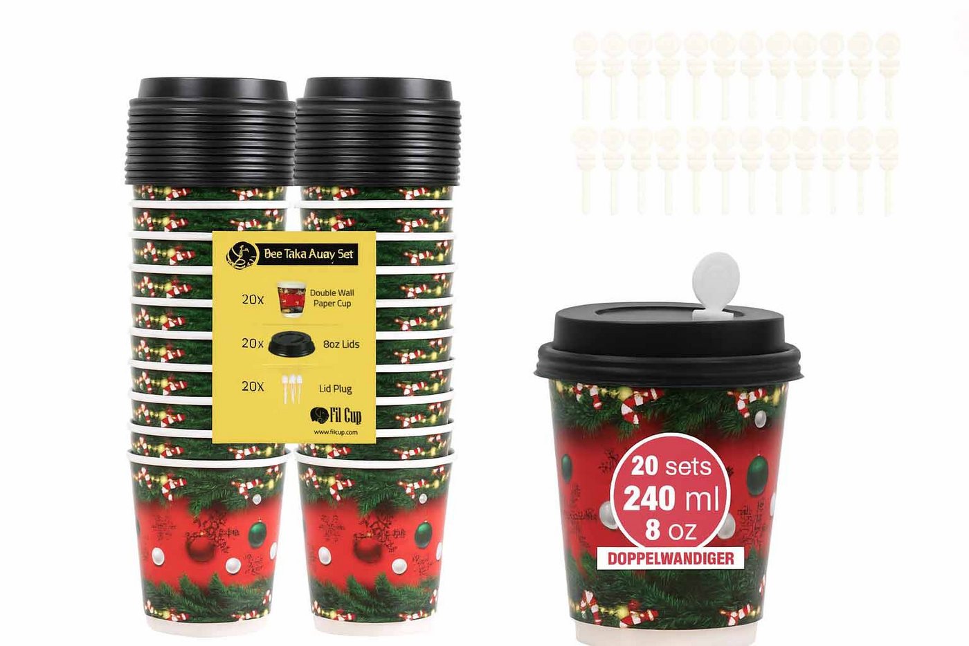 Weit & Breit Handelsgesellschaft mbH Coffee-to-go-Becher Kaffeebecher 20er Set grün rot Auslaufsicher Umweltfreundlich, Pappe (Becher), PS (Deckel), Doppelwandige Becher mit isolierender Wirkung von Weit & Breit Handelsgesellschaft mbH