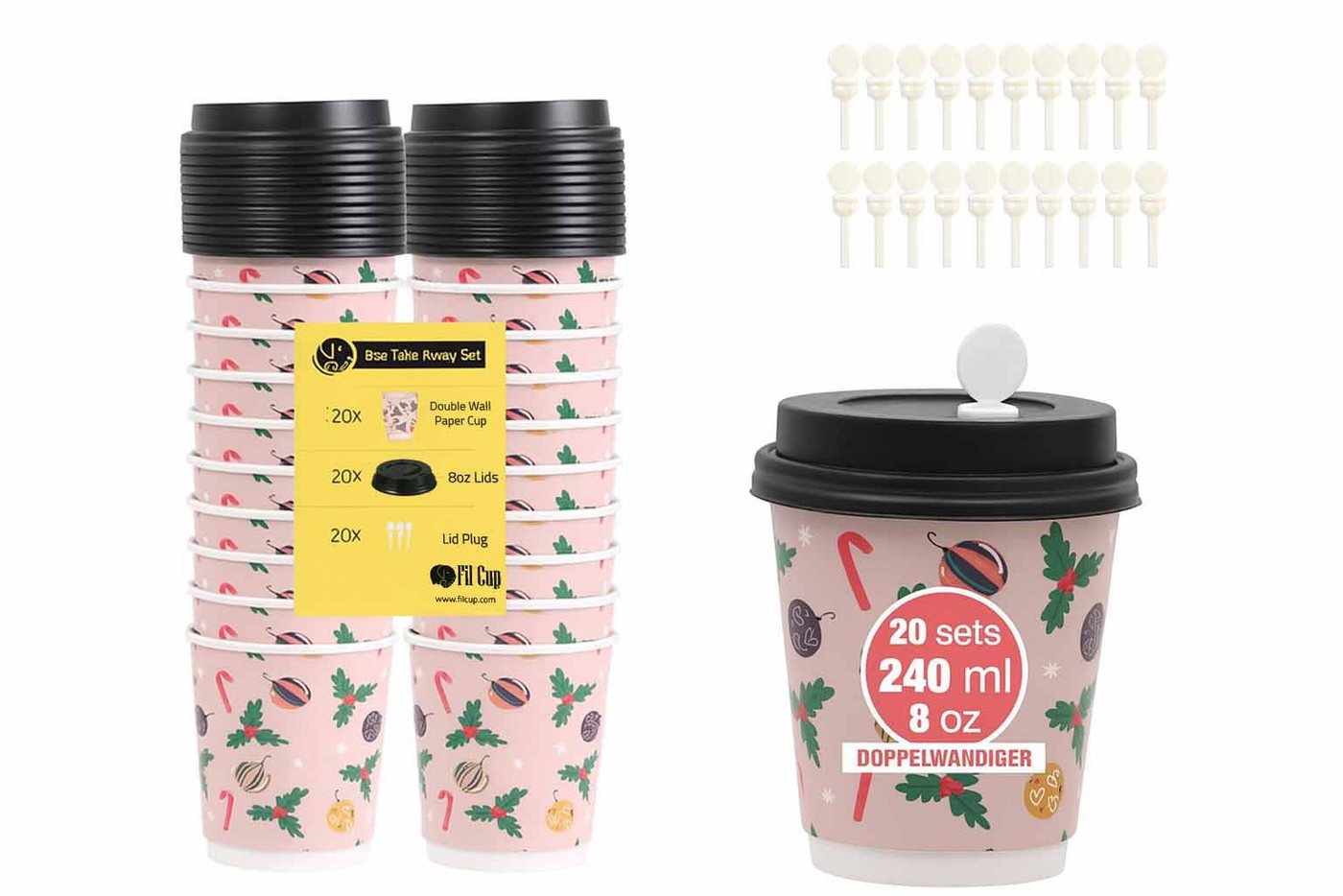Weit & Breit Handelsgesellschaft mbH Coffee-to-go-Becher Kaffeebecher 20er Set pink Auslaufsicher Doppelwandig, Pappe (Becher), PS (Deckel), Doppelwandiges Design für heiße Getränke von Weit & Breit Handelsgesellschaft mbH