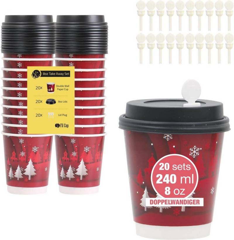 Weit & Breit Handelsgesellschaft mbH Coffee-to-go-Becher Kaffeebecher 240 ml 20er Set Flocke Auslaufsicher Doppelwandig, Pappe (Becher), PS (Deckel), Doppelwandige Becher – isolierend und stabil von Weit & Breit Handelsgesellschaft mbH