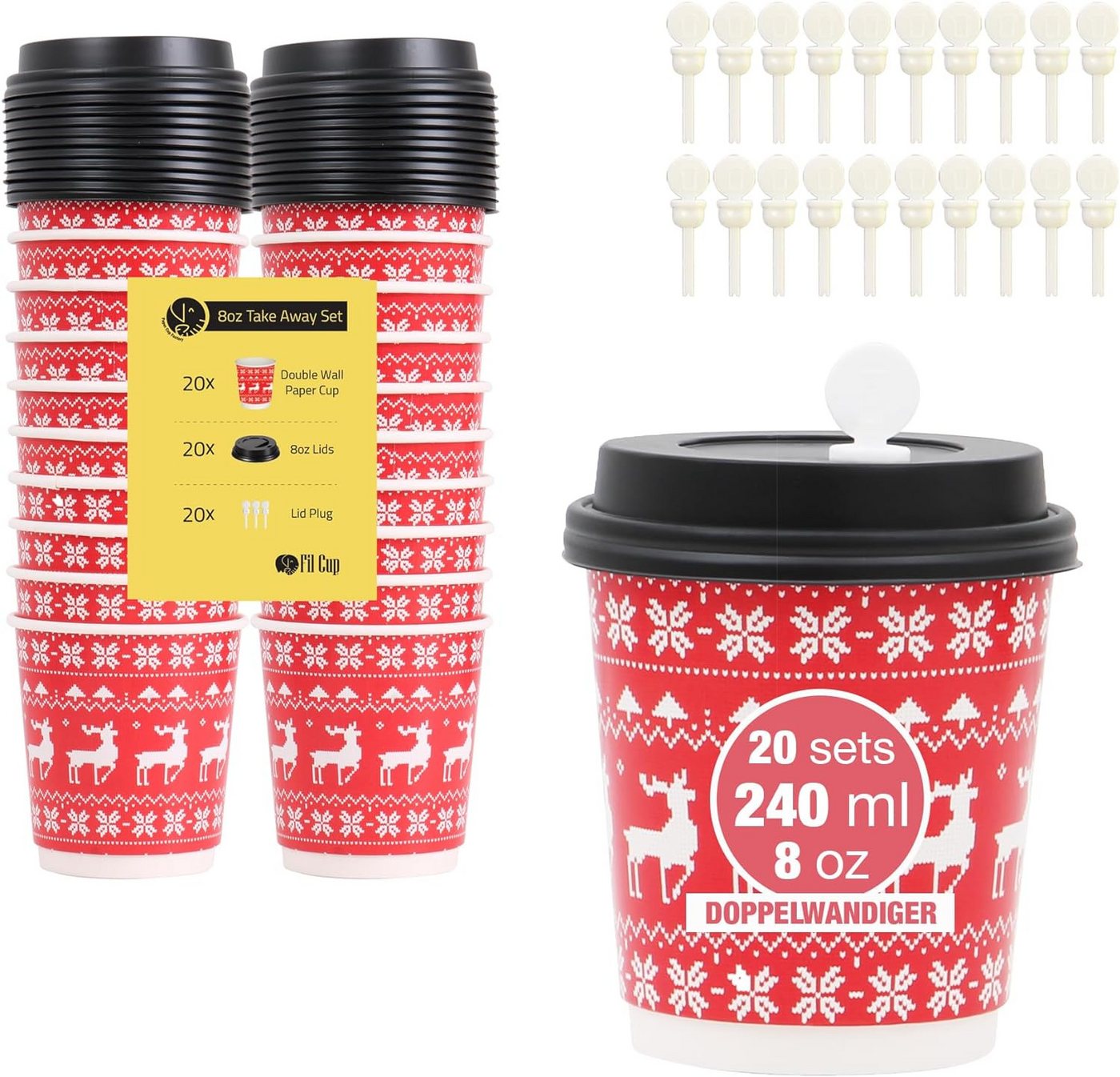 Weit & Breit Handelsgesellschaft mbH Coffee-to-go-Becher Kaffeebecher 240 ml Doppelwandig 20er Set Glühwein-Reh Auslaufsicher, Pappe, PS (Deckel), Doppelwandige Becher für heiße Getränke von Weit & Breit Handelsgesellschaft mbH