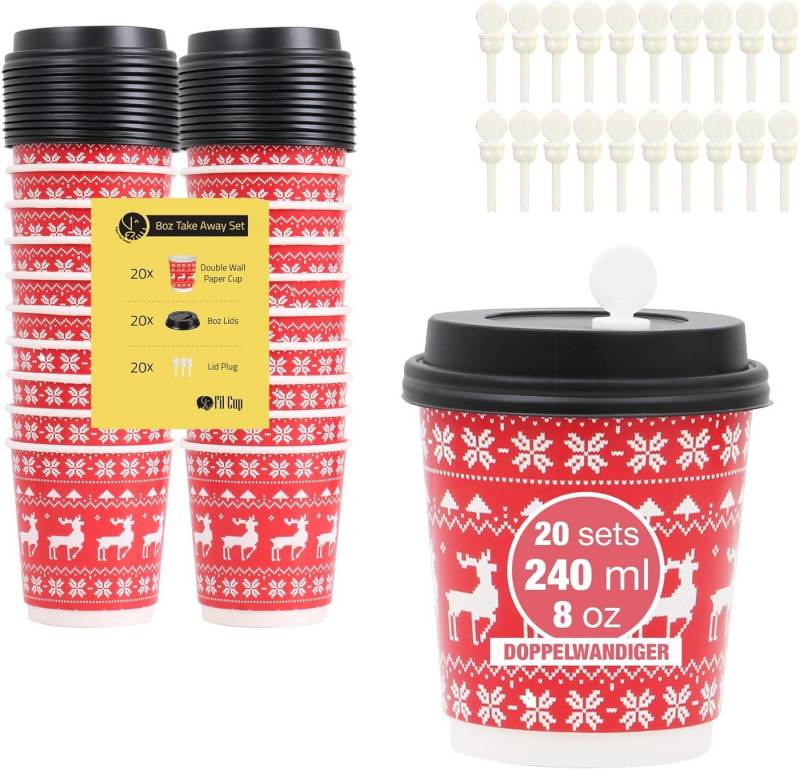 Weit & Breit Handelsgesellschaft mbH Coffee-to-go-Becher Kaffeebecher 240 ml Doppelwandig 20er Set Glühwein-Reh Auslaufsicher, Pappe, PS (Deckel), Doppelwandige Becher für heiße Getränke von Weit & Breit Handelsgesellschaft mbH