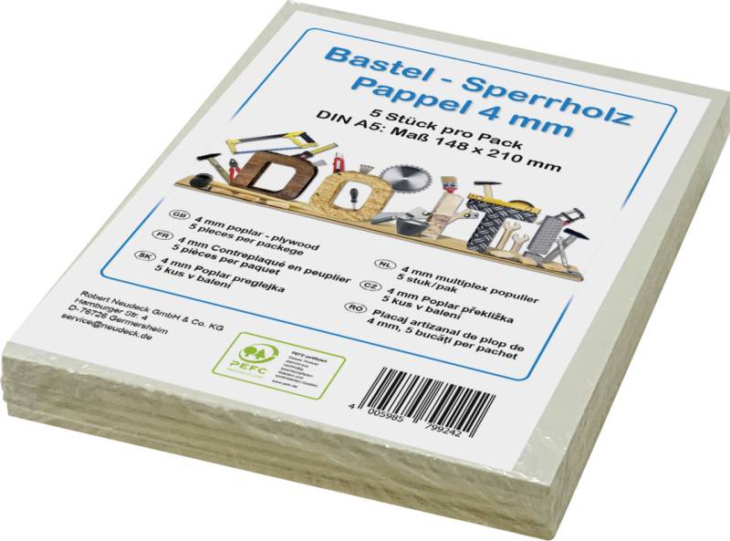 Bastelsperrholz Pappel DIN A5 21 x 14,8 cm, 4 mm Bastelsperrholz Pappel DIN A5 21 x 14,8 cm, 4 mm von Neudeck