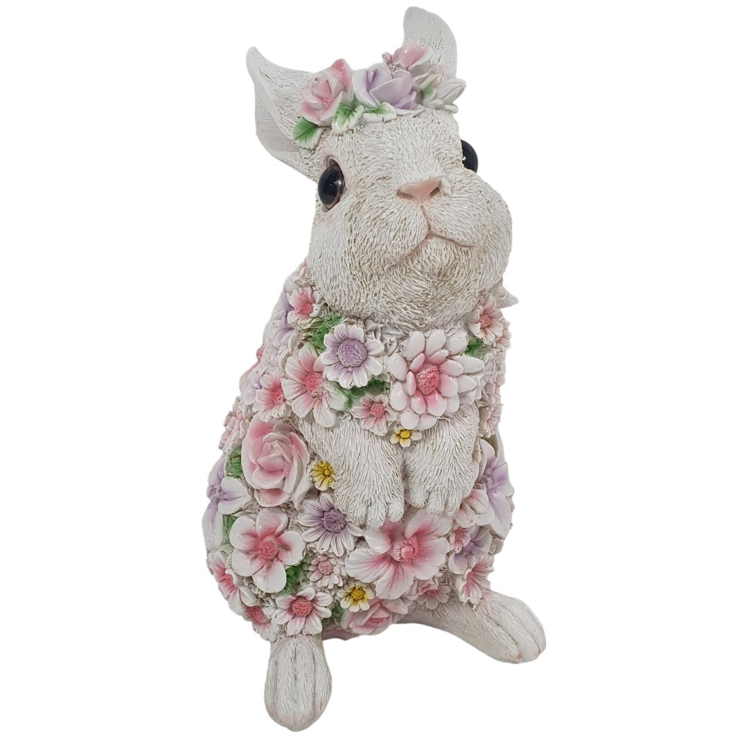 Dekofigur Hase mit Blumen 25 x 13 x 16 cm weiß rosa lila von Weitere