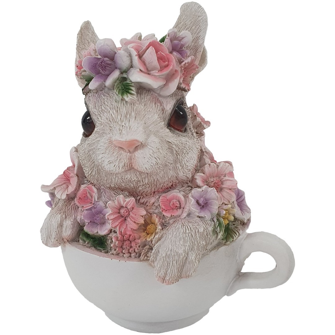 Dekofigur Hase mit Blumen in Tasse 15 x 12 x 10 cm weiß rosa von Weitere