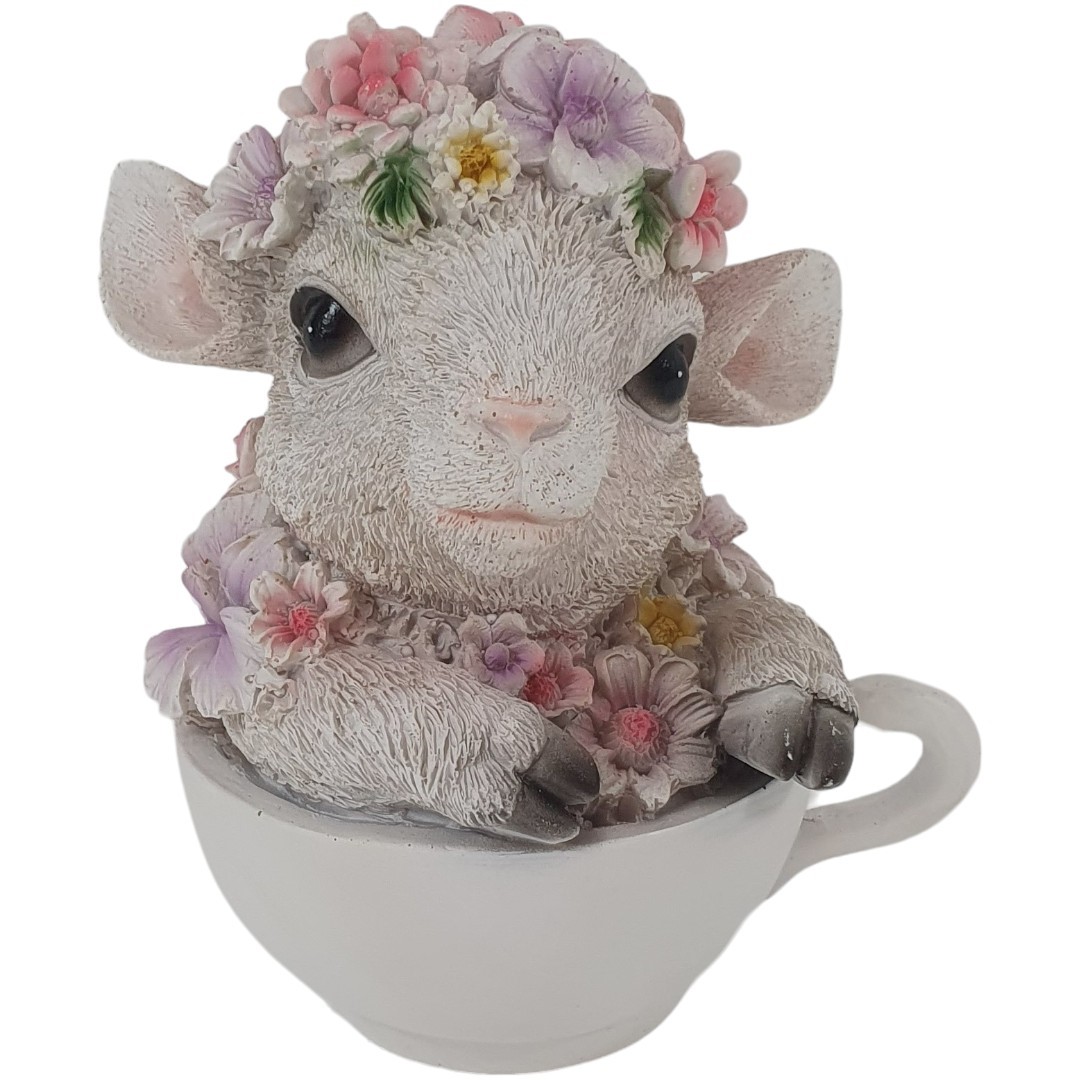 Dekofigur Schaf mit Blumen in Tasse 15 x 12,5 x 10,5 cm weiß rosa von Weitere