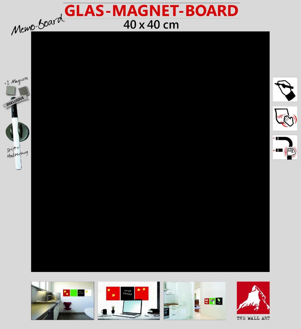 Glas-Magnetboard schwarz, 40 x 40 cm von Weitere