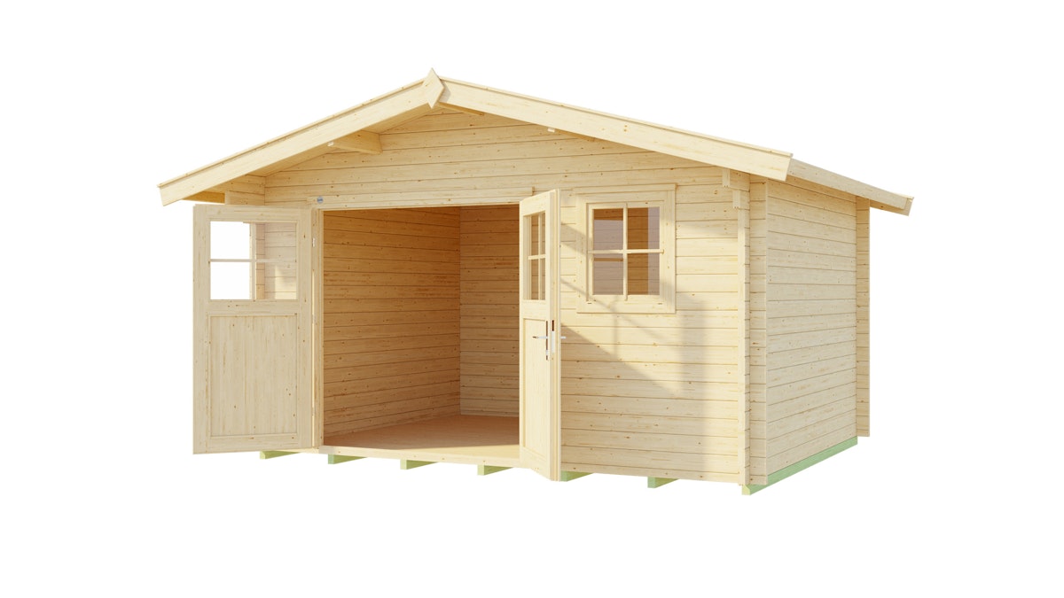 Weka 45 mm Gartenhaus 136 mit Vordach 60 cm 380 x 380 cm - 50 % Rabatt auf Dacheindeckung von Weka