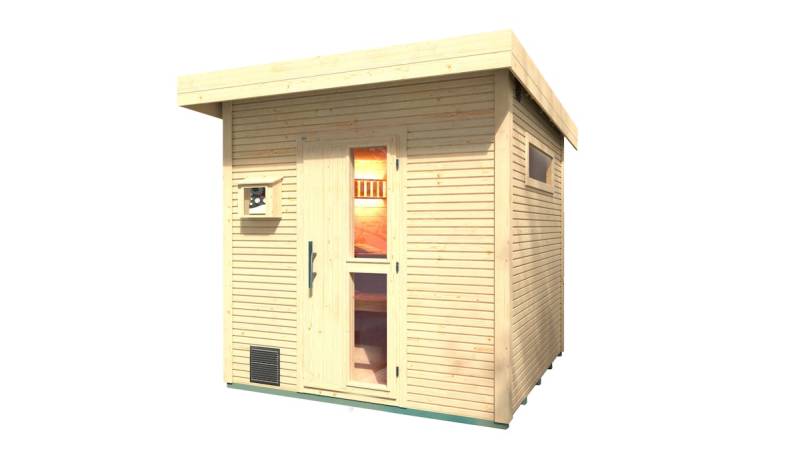 Weka Blockbohlen Saunahaus Kuopio - 45 mm Blockbohle naturbelassen Inkl. schmalem Fenster 9 kW finnischem Saunaofen OS mit Ofenschutz, Anschlusskabel, analoger Steuerung von Weka