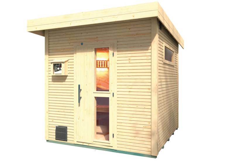 Weka Blockbohlen Saunahaus Kuopio - 45 mm Blockbohlen naturbelassen Inkl. schmalem Fenster 9 kW Bio Saunaofen BioS inkl. Dampfbadfunktion mit Ofenschutz, Anschlusskabel, analoger Steuerung von Weka