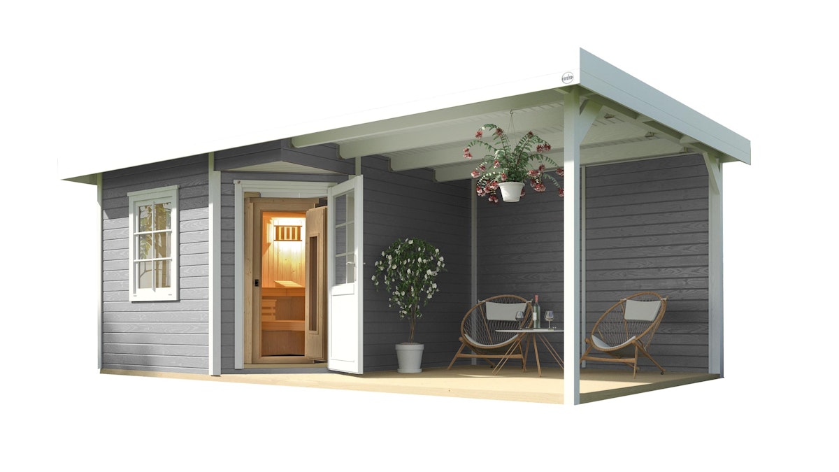 Weka Blockbohlen Saunahaus Salo 2 (mit 295 cm Anbau) inkl. Elementsauna-grau 9 kW BioAktiv-Kombiofen BioS inkl. Steuerung von Weka